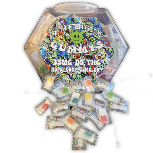 25mg Delta 9 THC Gummies | Large Jar (Packaged) | 100 Individual Packages (Mitten Goods Packaging) MOQ