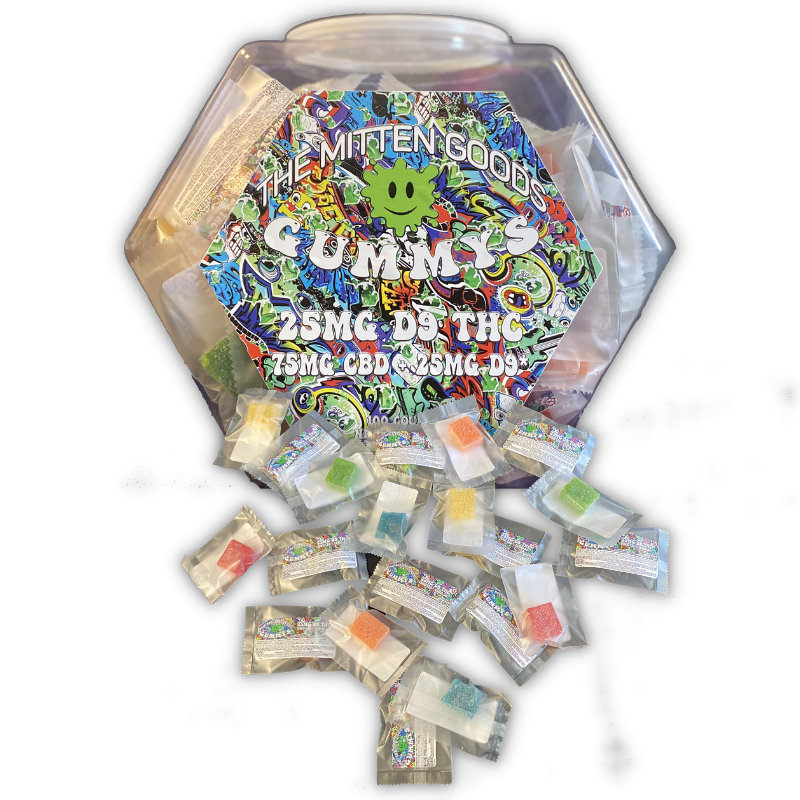 25mg Delta 9 THC Gummies | Large Jar (Packaged) | 100 Individual Packages (Mitten Goods Packaging) MOQ