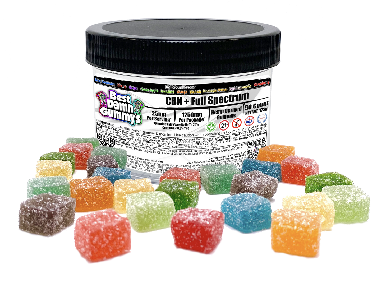 25mg CBN + 25mg Full Spectrum CBD Gummy's (Packaged) - 25 Packages per order - Best Damn Gummy's - Wholesale