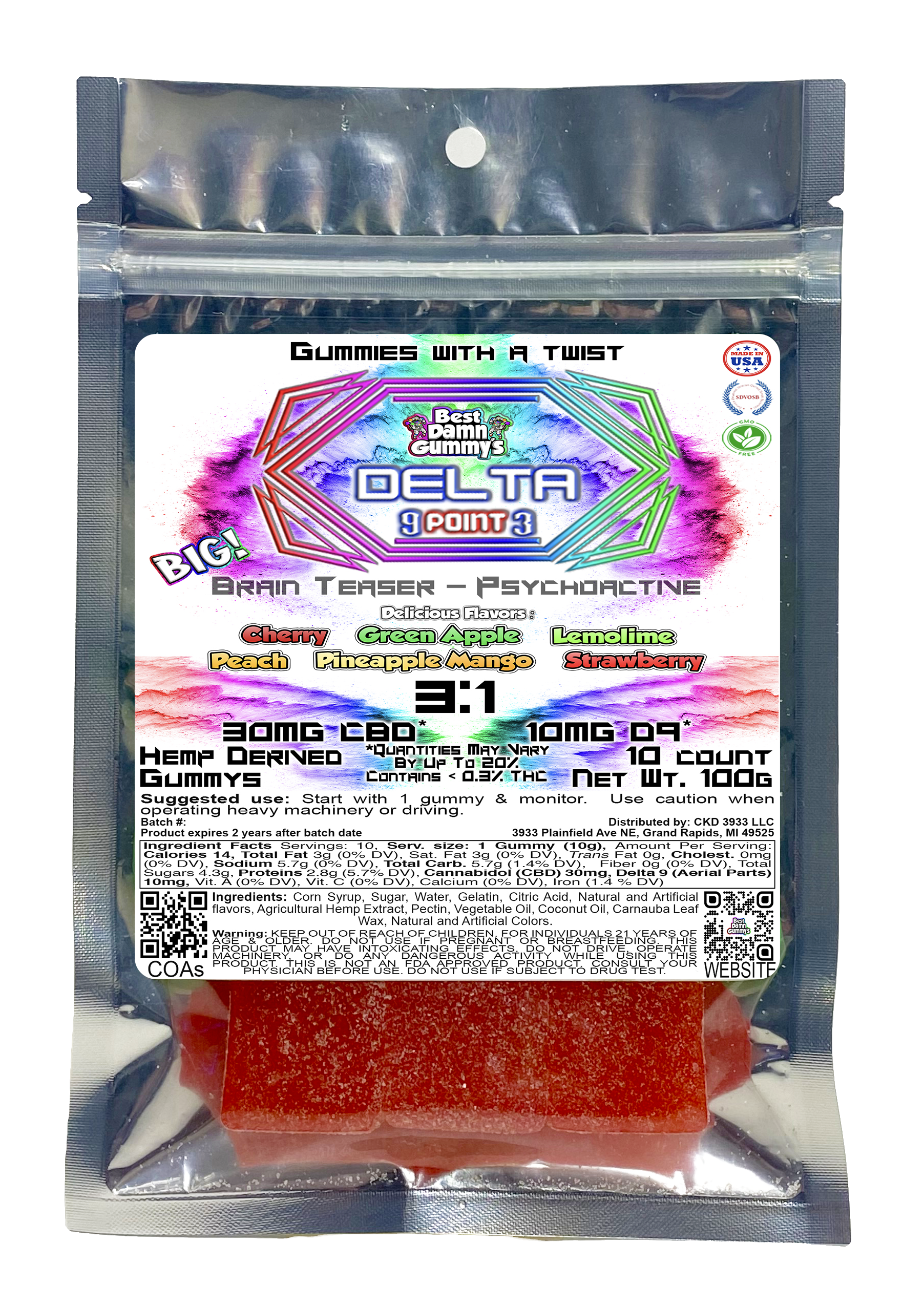 Delta 9 THC LARGE BIG GUMMY (Packaged) - 25 Packages per order - Best Damn Gummy's - Wholesale
