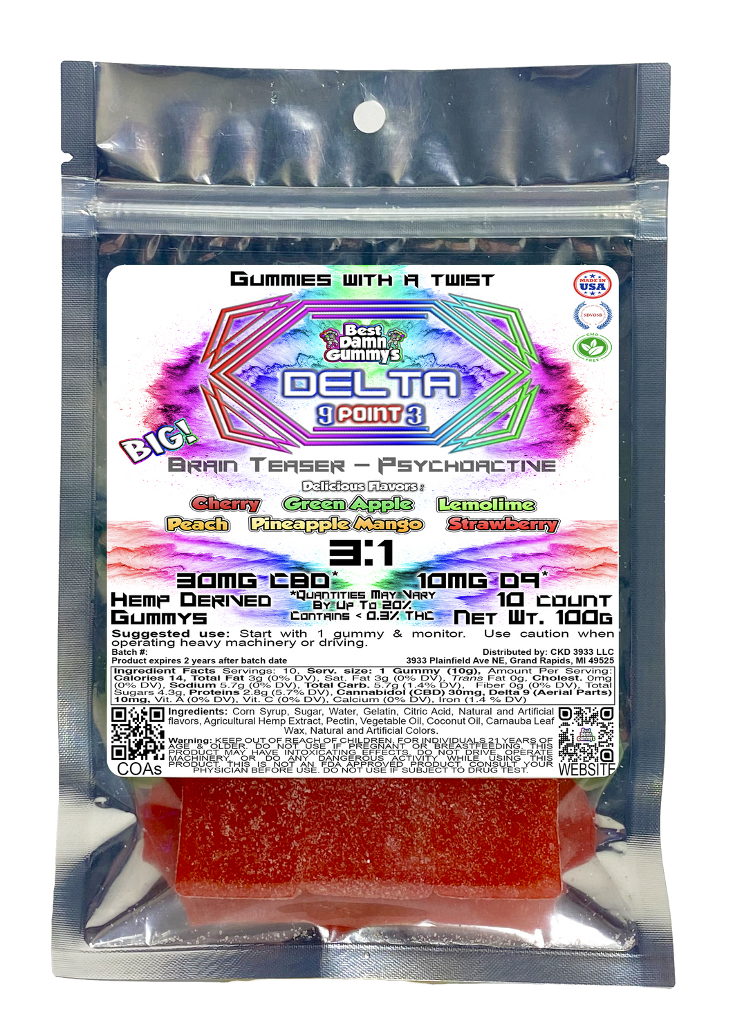 Delta 9 THC LARGE BIG GUMMY (Packaged) - 25 Packages per order - Best Damn Gummy's - Wholesale