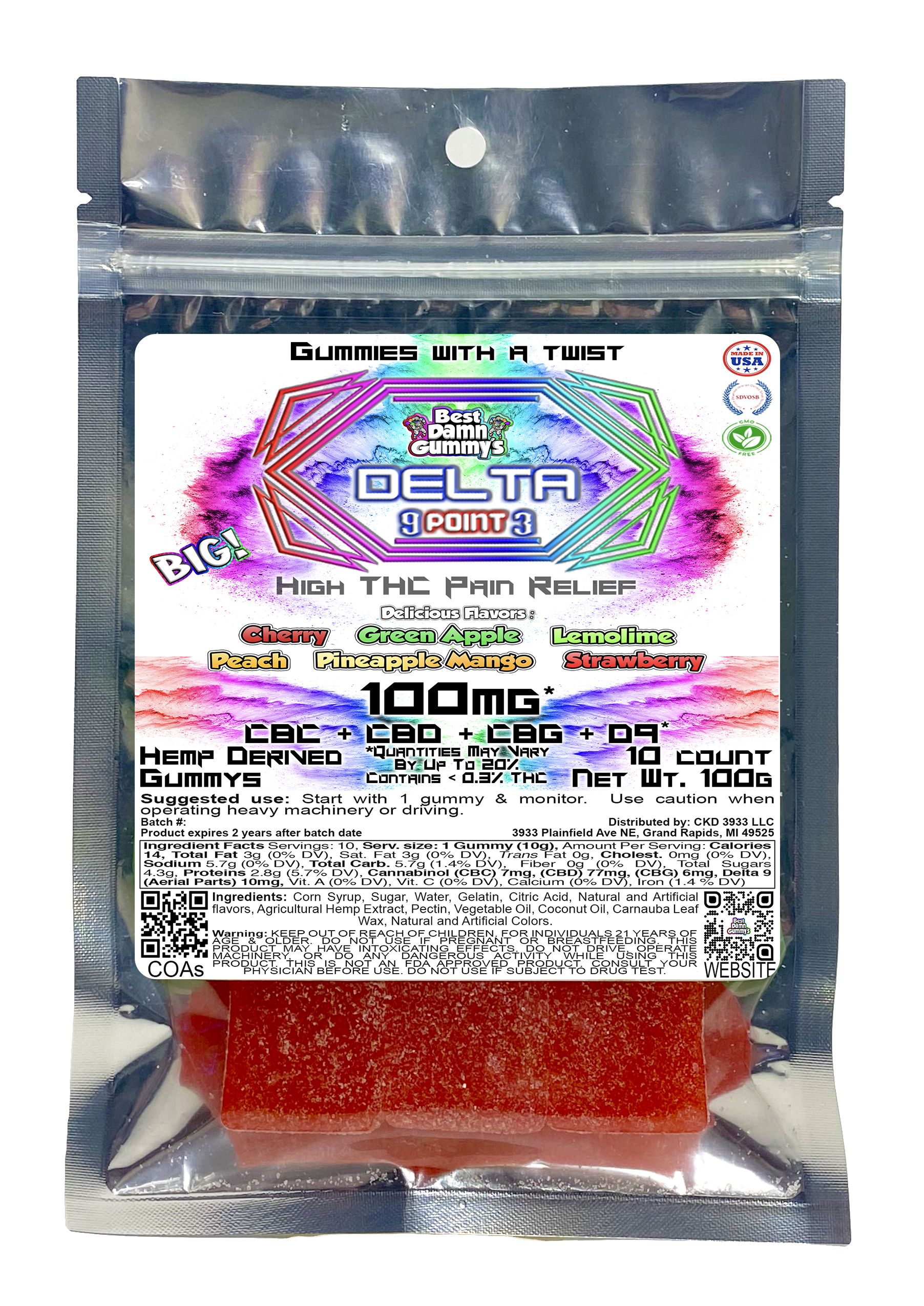 Ultimate High D9 Pain Relief Gummy (Packaged) 25 Packages per order - Best Damn Gummy's - Wholesale